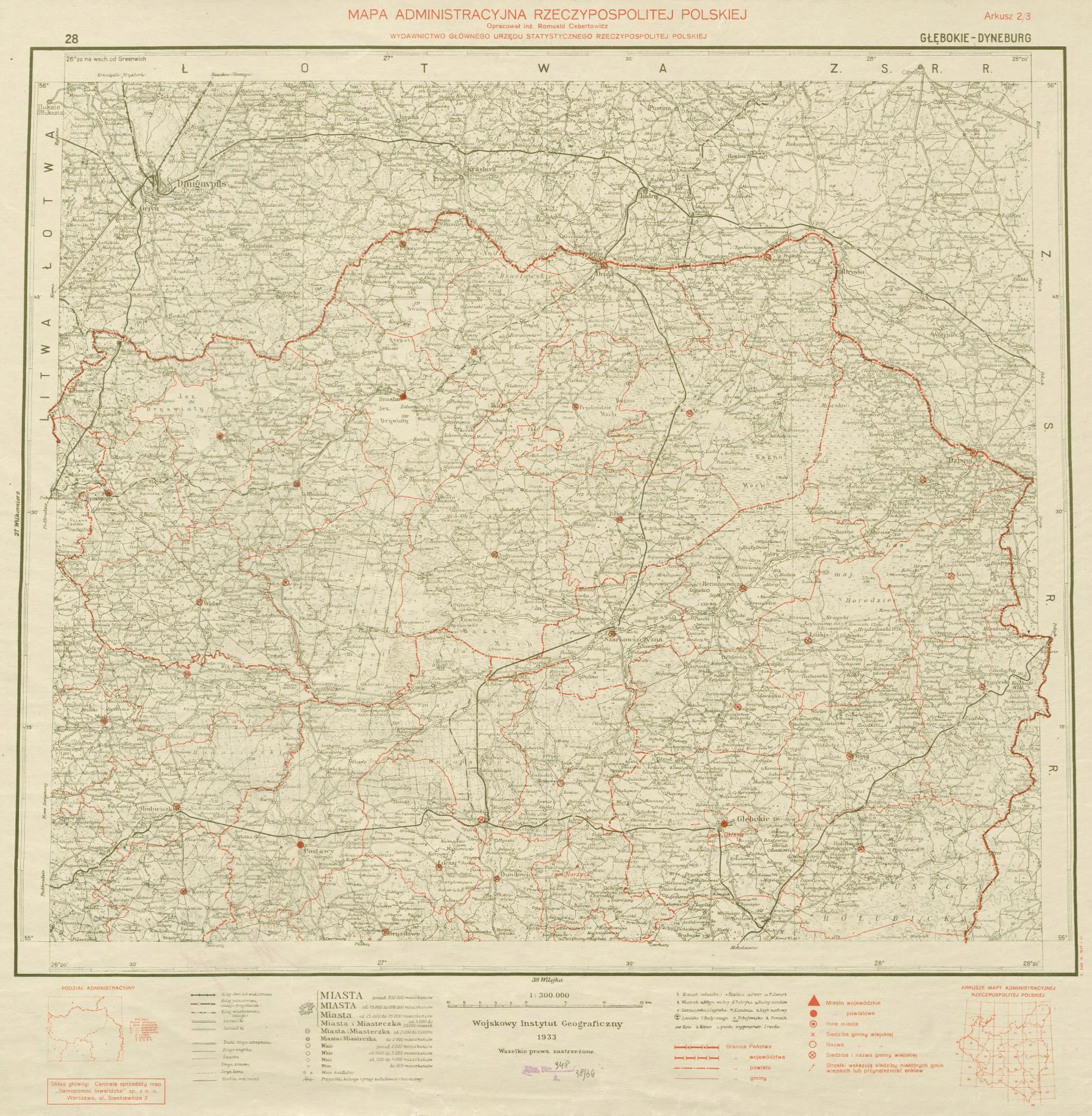 Ein altes Polen-Karte mit einer roten Linie, die hindurchläuft und handgeschriebener Text auf dem Papier.