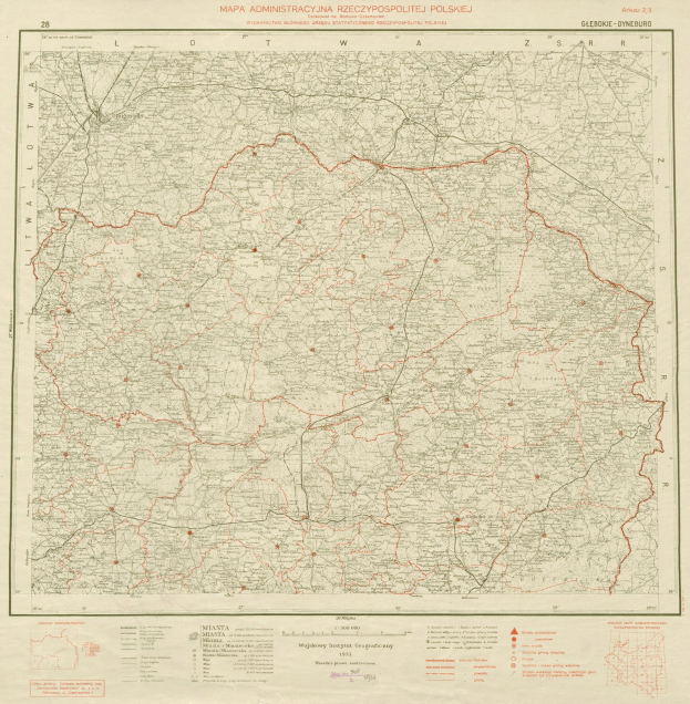 Ein altes Polen-Karte mit einer roten Linie, die hindurchläuft und handgeschriebener Text auf dem Papier.