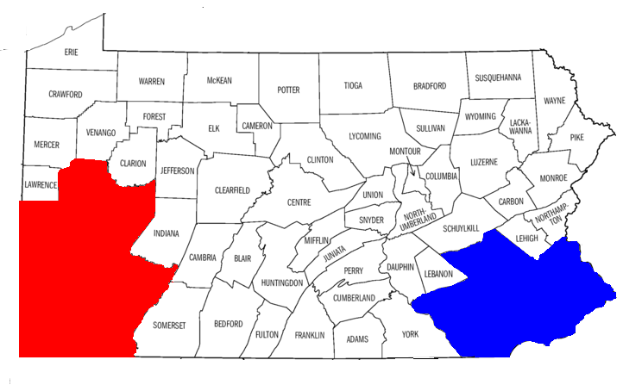 Eine Karte von Pennsylvania mit Landkreisen in rot und blau markiert und beschriftet mit "Pennsylvania Wahl-Ergebnisse".