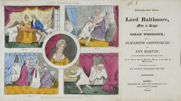 Eine historische Dokumentenillustration, die eine Gerichtsszene mit Porträts von Individuen, drapierten Vorhängen und gedrucktem Text zeigt.