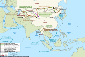 Ein detaillierter Weltkartenplakatplan, der vorgeschlagene Öl- und Gas-Pipelines zeigt, mit Ländern, Großstädten, Gewässern und begleitendem Text, der die Zwecke und Vorschläge der Pipelines beschreibt.