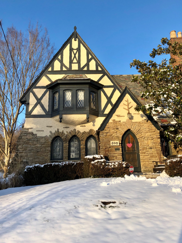 Ein schneebedecktes Haus mit einem Dach, Fenstern, einer Tür, einem Schild, einigen Pflanzen, einer Gruppe von Bäumen, einem Draht und einem bewölkten Himmel.