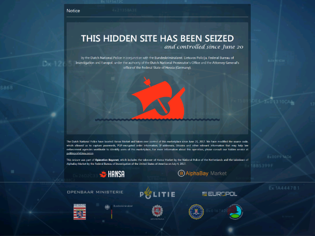 Ein Computerbildschirm mit einer Nachricht "Diese verdeckte Website wurde beschlagnahmt" in fetter schwarzer Schrift mit einem weißen Rand neben einem Logo der niederländischen Polizei mit einem blauen Schild und einem weißen Stern.