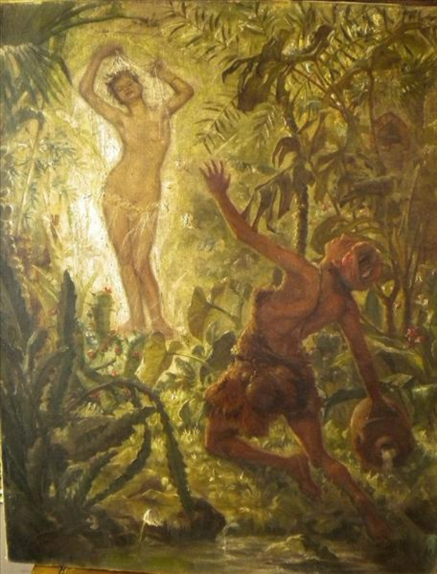 Ein Gemälde eines Mannes und einer Frau in Not inmitten eines dichten Dschungels, umgeben von detailreichen, leuchtenden Pflanzen.