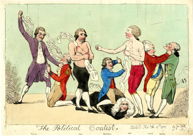 Eine politische Karikatur, die eine Gruppe von Menschen in verschiedenenfarbigen Kleidern zeigt, wobei eine Person in der Mitte auf dem Boden liegt, und einen Text unten mit der Aufschrift "Der politische Wettbewerb".