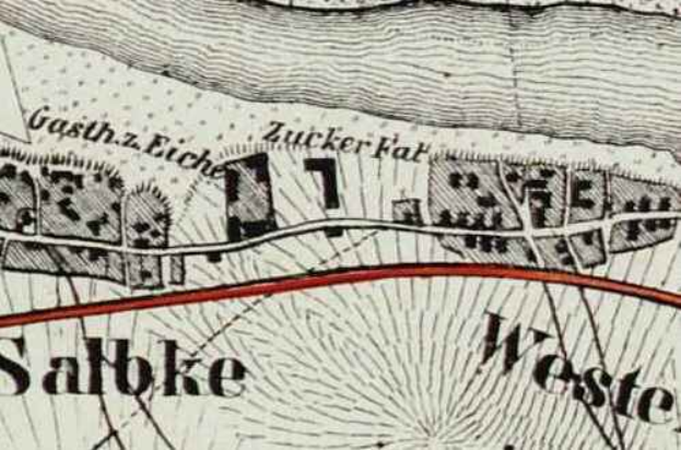 Ein altes Stadtplan von Salbke, Deutschland, zeigt Straßen, Gebäude, Sehenswürdigkeiten und Text, der die Bevölkerung, Lage und Geschichte der Stadt beschreibt.