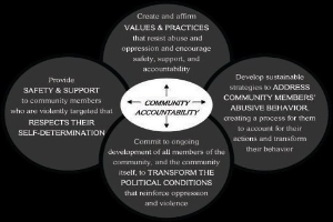 Ein Diagramm mit der ├ťberschrift "Gemeinschaftliche Rechenschaft" und drei miteinander verbundenen Kreisen um einen zentralen Kreis, alles in leuchtenden Farben, mit fetter Schrift.