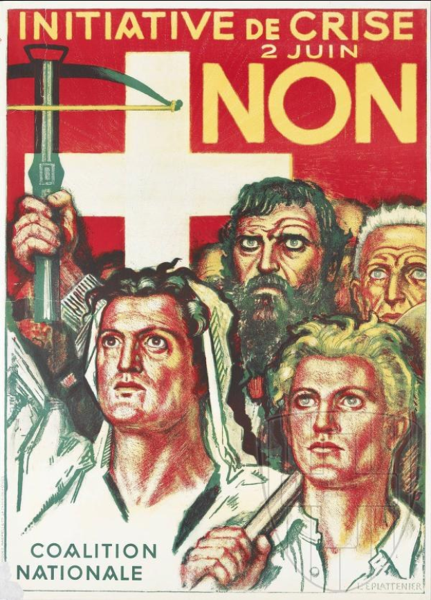 Plakat für die Coalition Nationale, eine nicht-regierungsähnliche Initiative, mit einer Gruppe von Menschen, die einen Hammer und eine Sichel halten, und Text, der Informationen über die Organisation liefert.