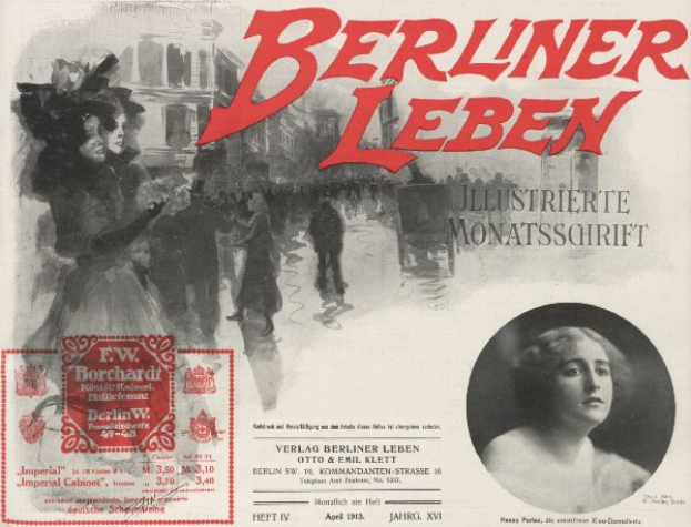 Eine Frau in einem Kleid und ein Mann in einem Anzug sind auf einer Werbung für den Berliner Leben Film zu sehen, mit Text, einem Stempel und ein paar Menschen und Gebäuden im Hintergrund.
