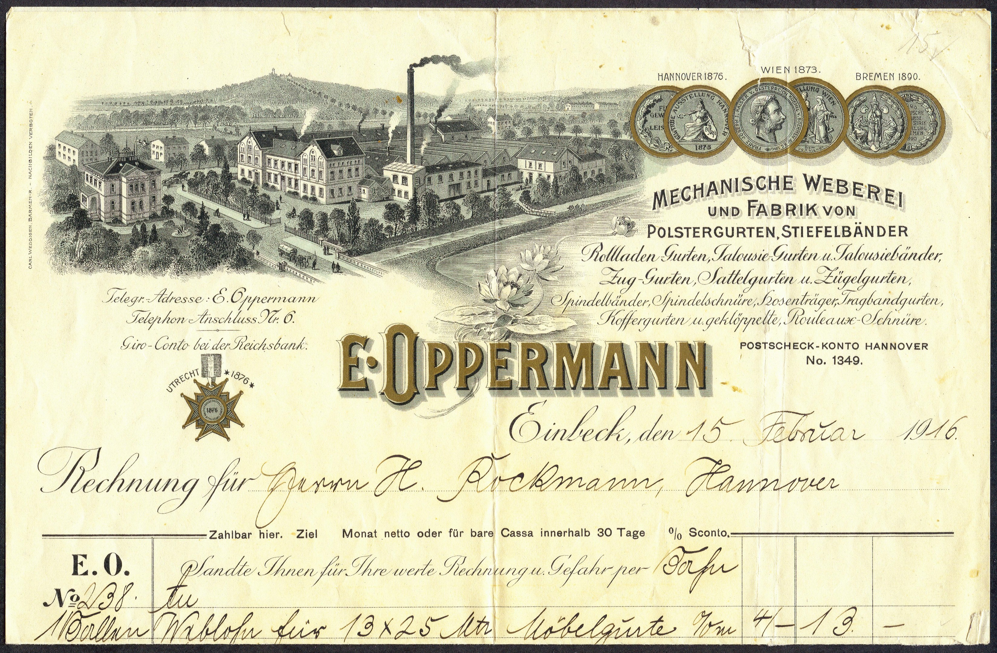 Alte deutsche Banknote mit einer Abbildung einer Fabrik, Text, numerische Werte und Darstellungen von Gebäuden, Bäumen und Rauchentwicklung.