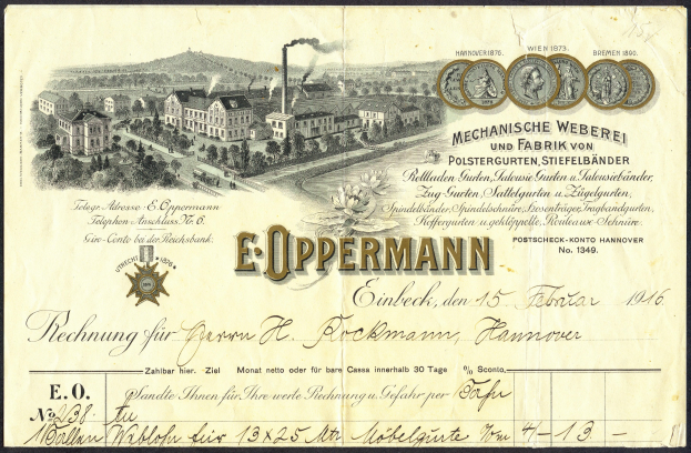 Alte deutsche Banknote mit einer Abbildung einer Fabrik, Text, numerische Werte und Darstellungen von Gebäuden, Bäumen und Rauchentwicklung.