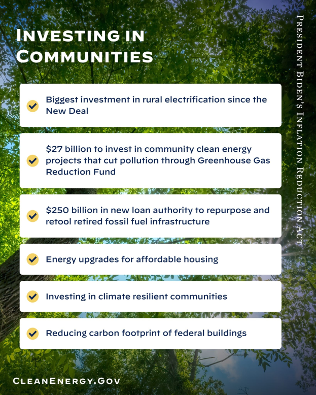 Plakat mit Bäumen und Himmel als Hintergrund, mit dem Text "Investing in Communities: Größte Investition in ländliche Elektrizität seit dem New Deal".
