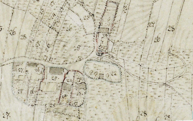 Ausführliche alte Stadtplan-Karte mit Gebäuden, Straßen und nummerierten Texten, markiert für eine vorgeschlagene Entwicklung unten.