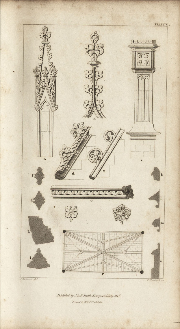 Altes Buch mit detaillierten architektonischen Zeichnungen und Text auf seinen Seiten.