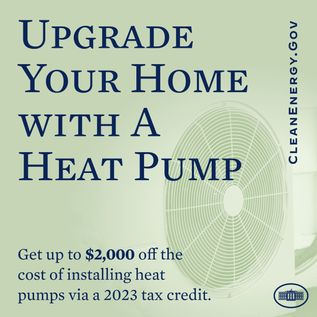 Plakat wirbt für Heizpumpen-Upgrades mit einem Bild einer Heizpumpe und dem Text "Upgrade Your Home with a Heat Pump."