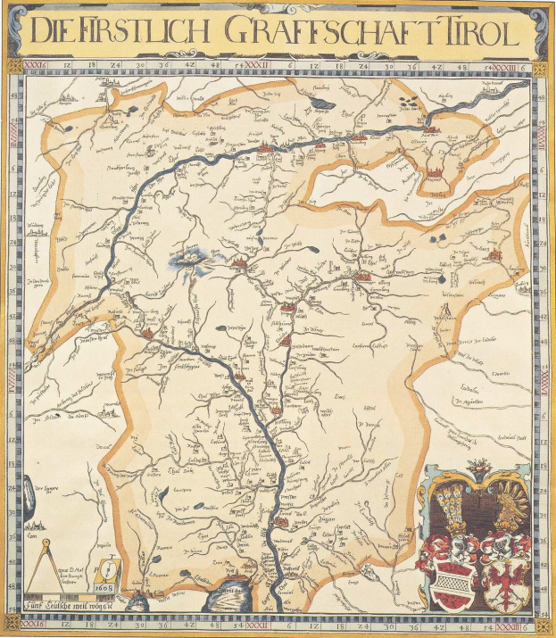 Plakat einer historischen Karte der ersten Grafschaft Tirol mit geographischen Details wie Flüssen, Bergen und Städten sowie begleitendem Text über die Region und ihre Bewohner.