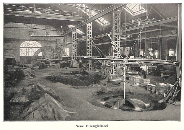 Schwarz-weiß-Fotografie eines Fabrikinneren mit Arbeitern, die Maschinen bedienen, umgeben von Metallstangen und -pfählen, beschriftet mit "Neue Eisenglebeerei, die erste Fabrik Deutschlands" unten.