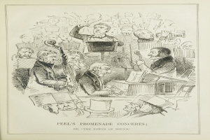 Ein Blatt mit einer Zeichnung einer Gruppe von Musikern, die Instrumente spielen, mit der Aufschrift "Peel's Promenade Concerts oder, die Kraft des Klangs" unten.