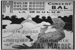 Ein Schwarz-Weiß-Plakat, das ein Moulin-Rouge-Konzert in Paris ankündigt, mit einem Mann und einer Frau, die tanzen, und Text auf dem Plakat.
