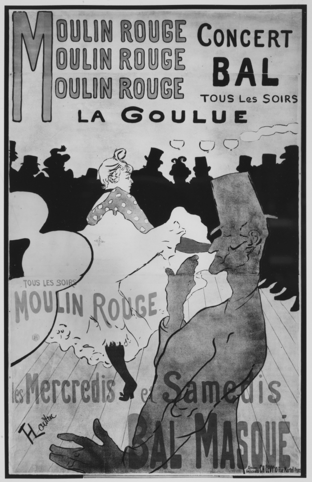 Ein Schwarz-Weiß-Plakat, das ein Moulin-Rouge-Konzert in Paris ankündigt, mit einem Mann und einer Frau, die tanzen, und Text auf dem Plakat.