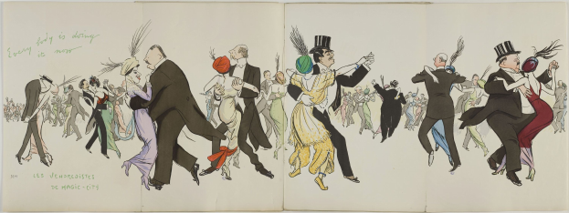 Eine bunte Illustration von tanzenden Menschen in farbenfrohen Kostümen, betitelt "Les Vendredières de Magic City", vor einem hellblauen Himmel mit weißen Wolken.