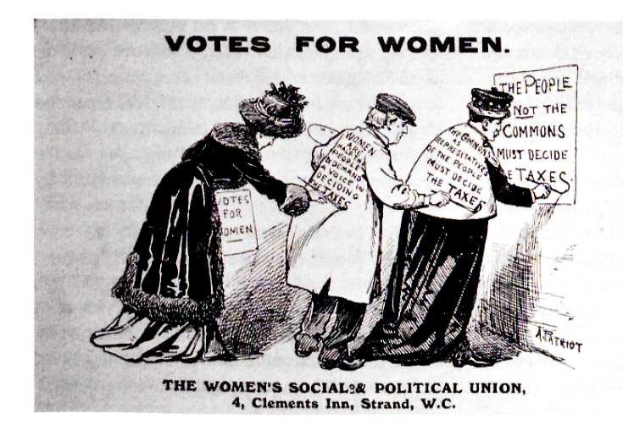 Cartoon von drei Frauen in traditioneller Kleidung, die ein Papier mit der Aufschrift 'Votes for Women: The Women's Social & Political Union' halten.
