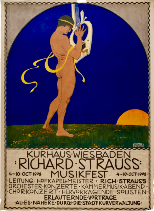 Ein Plakat für das Richard-Strauss-Musikfest, das einen Mann mit einem Musikinstrument zeigt, mit Texten, die Informationen zum Event liefern.