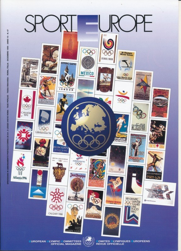 Ein Buchumschlag mit dem Titel "Sport in Europa" mit farbenfrohen olympischen Motiven, Texten und Symbolen