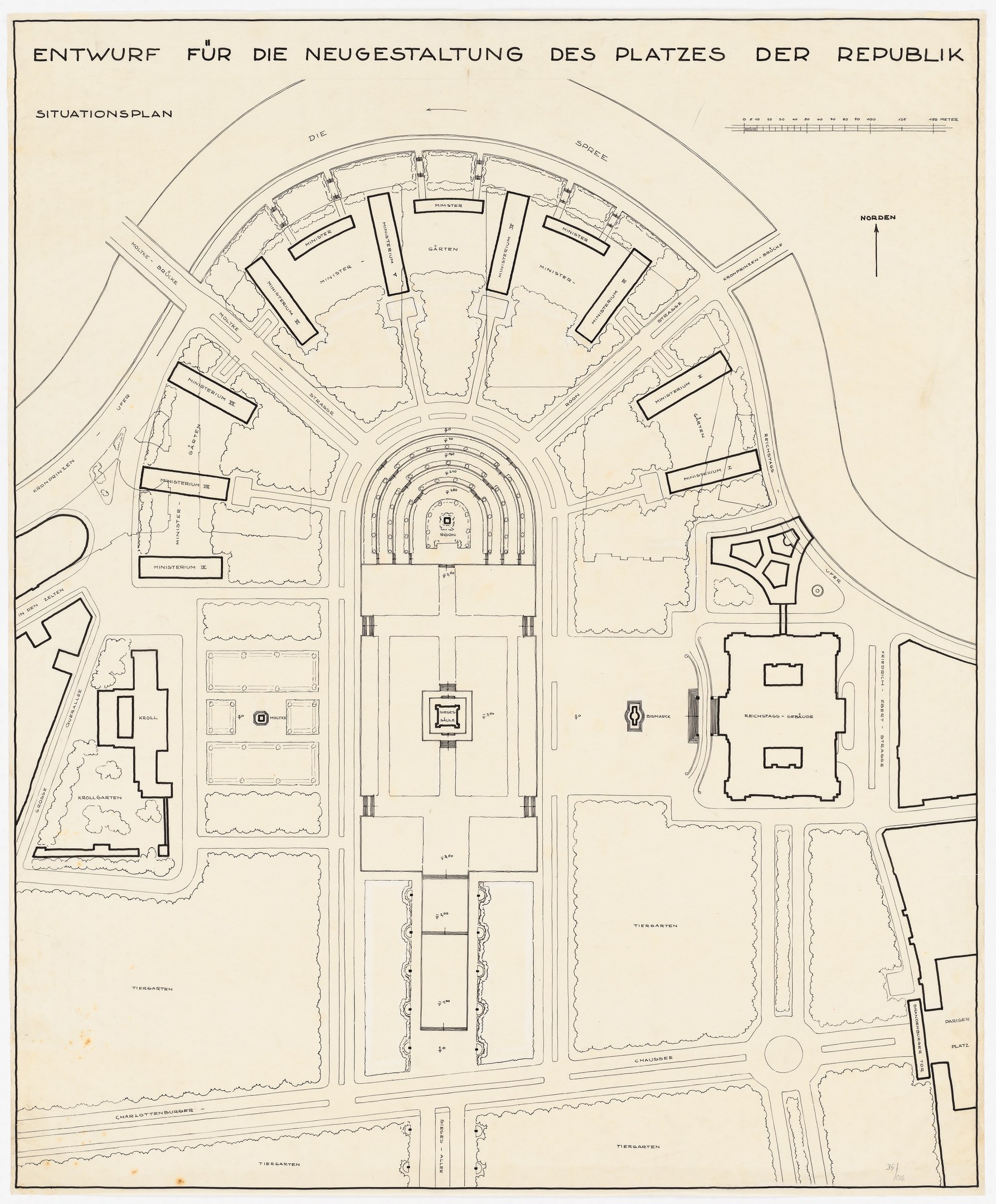 Schwarz-weißer Architekturplan von Berlin, Deutschland, mit einer zentralen Gebäudeillustration und Details zur Umgebung.