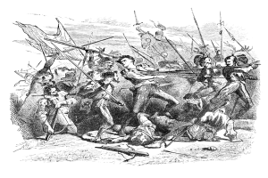 Eine Schwarz-Weiß-Zeichnung von Menschen, die miteinander kämpfen.