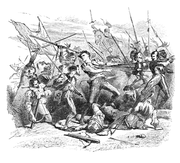 Eine Schwarz-Weiß-Zeichnung von Menschen, die miteinander kämpfen.