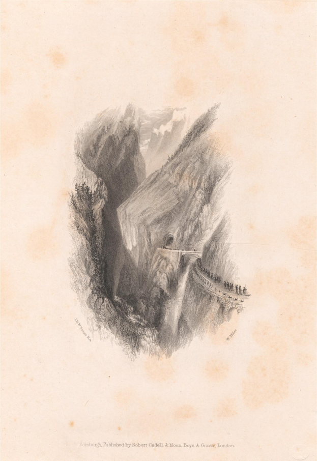 Gravierung eines Berges mit einer Brücke darauf, die den Aufstieg des Mount Everest von dessen Gipfel aus zeigt, begleitet von Text.