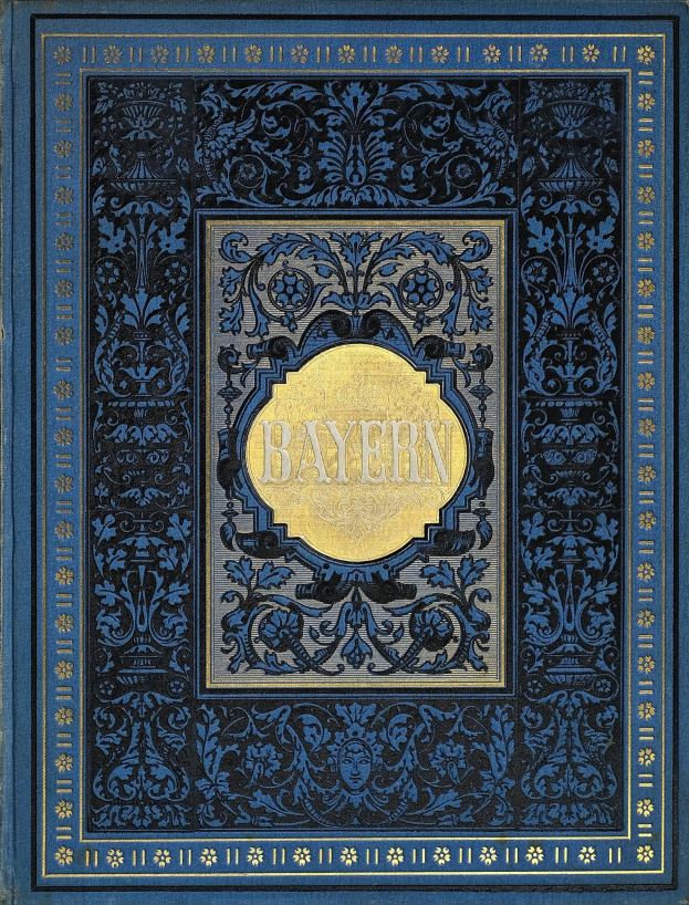 Ein blau-goldenes Buch mit dem Wort 'Bayern' auf dem Cover, das mit detaillierten Dekorationsdesigns versehen ist.