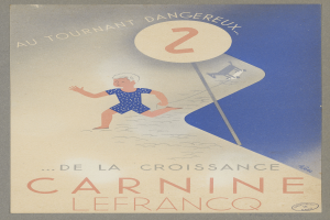 Eine Person in einem hellgelben Kleid lächelt in der Mitte eines Karnevalplakats, umgeben von der fetten schwarzen Schrift "Karneval".