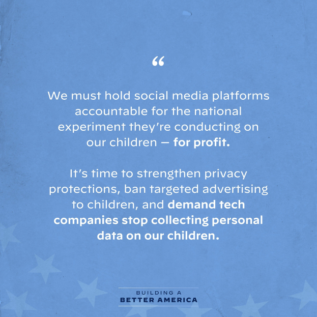 Plakat mit einem Zitat aus Building a Better America, das die Verantwortung von Social-Media-Plattformen für die Experimente an Kindern zum Profit betont, dekoriert mit Sternen.