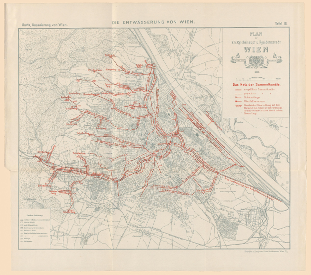 Alte Karte von Wien, Deutschland mit roten Linien, die eine Bahnroute markieren, auf altem Papier mit Text gedruckt.
