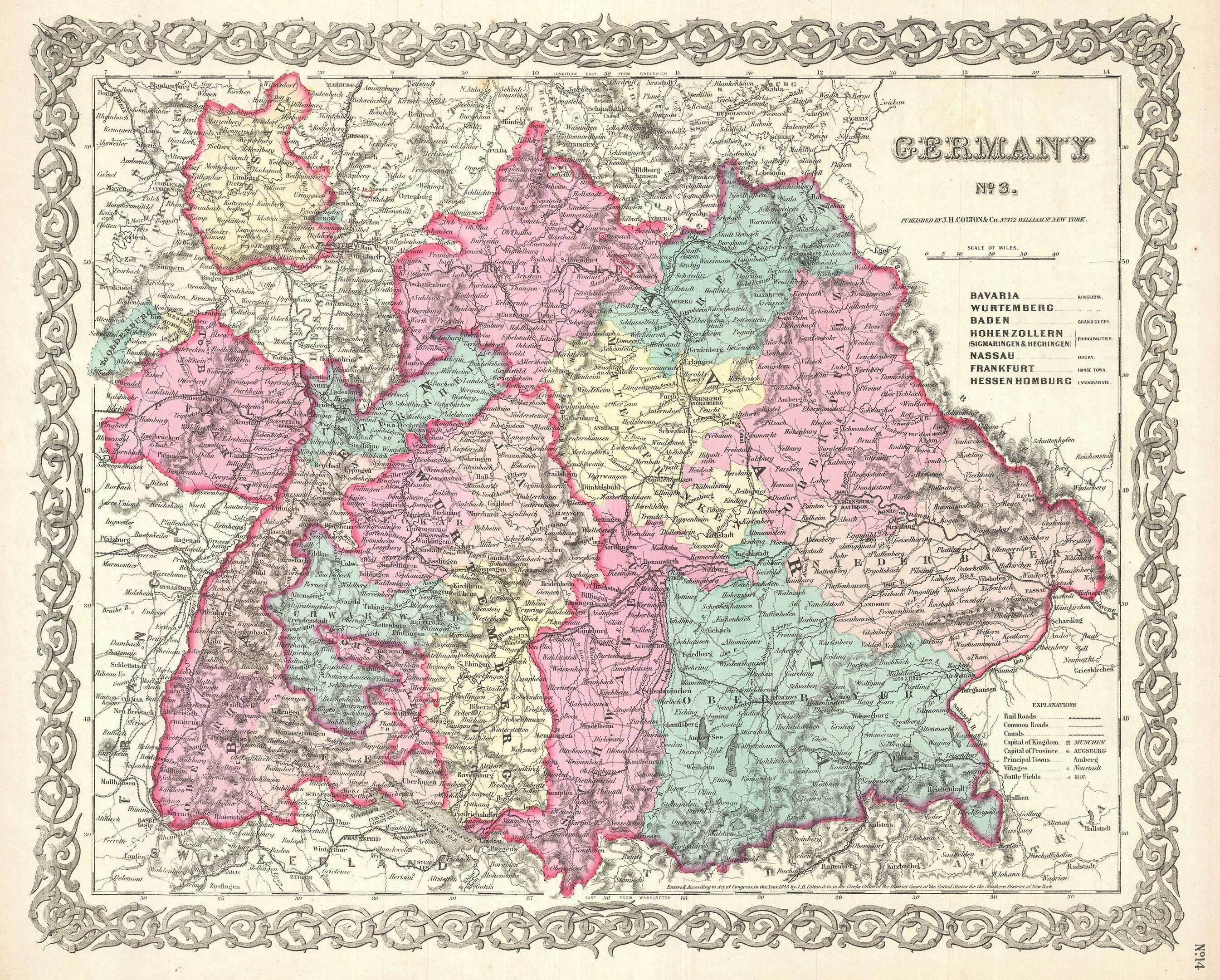 Alte Deutschlandkarte auf Papier, zeigt die Provinzen Bayern, Baden-Württemberg und Baden mit Text zu den Regionen.