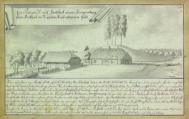 Ein verblichenes Dokument mit der Überschrift "Surgensburg, Deutschland - Landschaft eines Hofes", das eine ländliche Szene mit einem Bauernhof, umliegenden Häusern, Bäumen und einem Himmel zeigt.