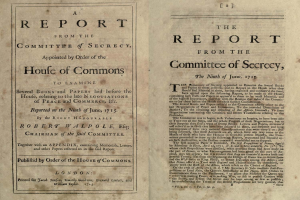 Offenes Buch mit dem Titel "Der Bericht des Geheimausschusses, ernannt durch Beschluss des Hauses der Abgeordneten" auf dem Cover.