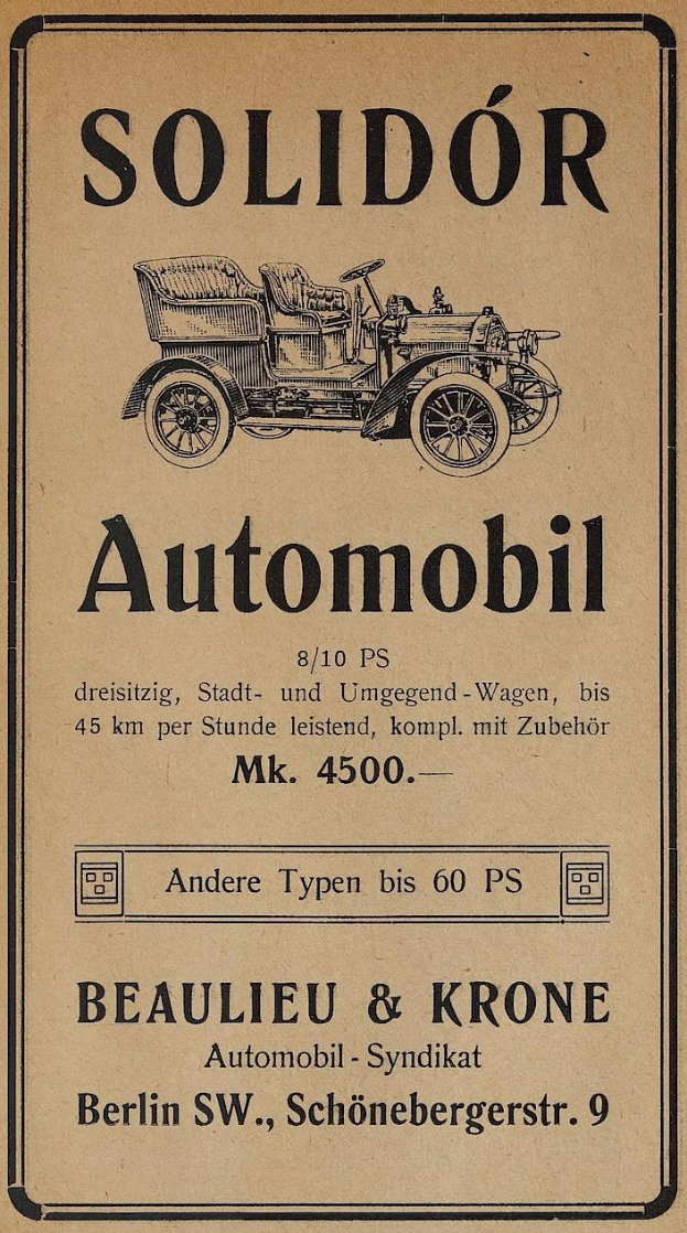 Vintage-Werbung für einen Solidor-Automobil mit einem klassischen schwarzen Wagen mit glänzender Lackierung und auffälliger weißer Schrift, die die Merkmale hervorhebt.