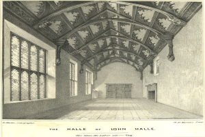 Alte architektonische Zeichnung des Saals von John Halle, die Decke, Wände, Fenster und eine Tür zeigt, mit Text unten.
