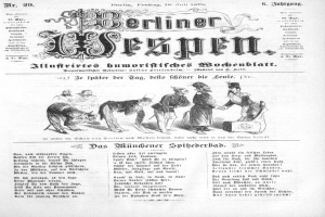 Eine alte Zeitung mit einer Karikatur eines Mannes in Zylinder und einer Frau in einem Kleid, beide scheinbar besorgt, mit der Aufschrift "Berliner Wespn, Juli 1873".