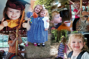 Ein Collage-Bild mit Vergnügungspark-Fahrgeschäften, einem Tisch mit Essensutensilien und verschiedenen Gegenständen vor einem Hintergrund aus Grünpflanzen, Lichtern und einer Wand.