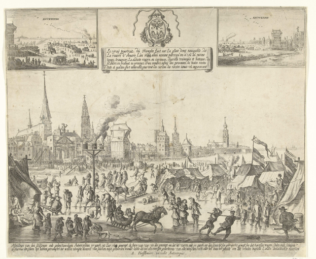 Eine detaillierte Zeichnung einer belebten Stadt mit zahlreichen Menschen, Gebäuden, Pferden, Karren, Zelten, Pfählen und Fahnen, mit Text und einem Logo oben und unten auf dem Papier.