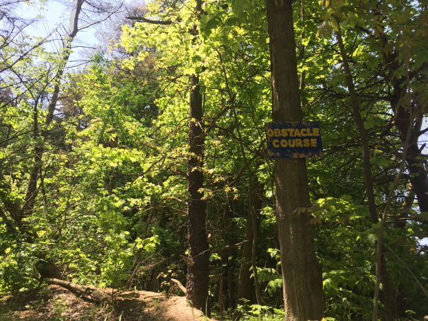 Ein Schotterweg in einem Waldgebiet mit einem Schild, auf dem "Hindernislauf" steht, und Bäumen im Hintergrund.