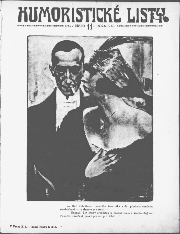 Schwarze und weiße Zeitschriftumschlag mit der Aufschrift 'Humoristische Liste', der einen Mann im Anzug mit ernster Miene und eine Frau zeigt, die wegschaut und leicht schmunzelt.