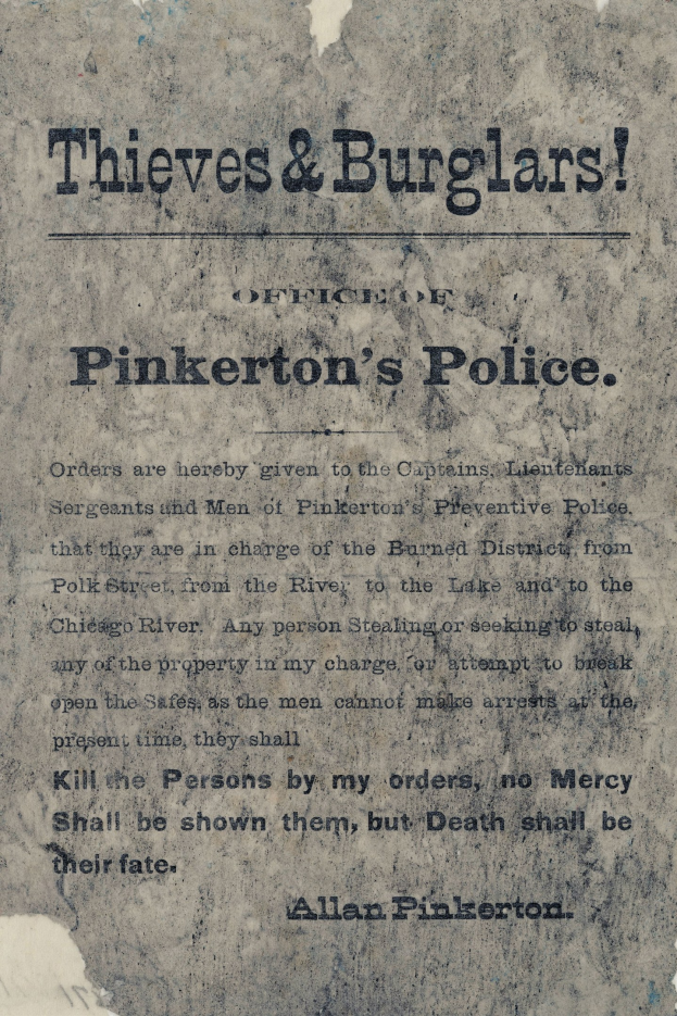 Ein Plakat mit fetter schwarzer Schrift, die "Thieves & Burglars Pinkerton's Police" in der Mitte zeigt, auf einem weißen Hintergrund, umrandet von einem schmalen schwarzen Rahmen.
