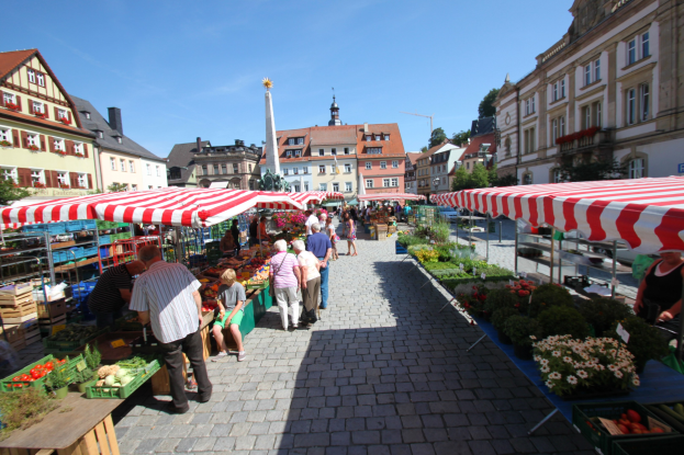 Ein belebter Markt im alten Stadtkern von Heidelberg, Deutschland, mit Menschen, die spazieren gehen, auf Bänken sitzen und in der Nähe von Zelten, Tischen mit Körben voller Gemüse und Gebäuden mit Fenstern im Hintergrund unter einem klaren blauen Himmel.