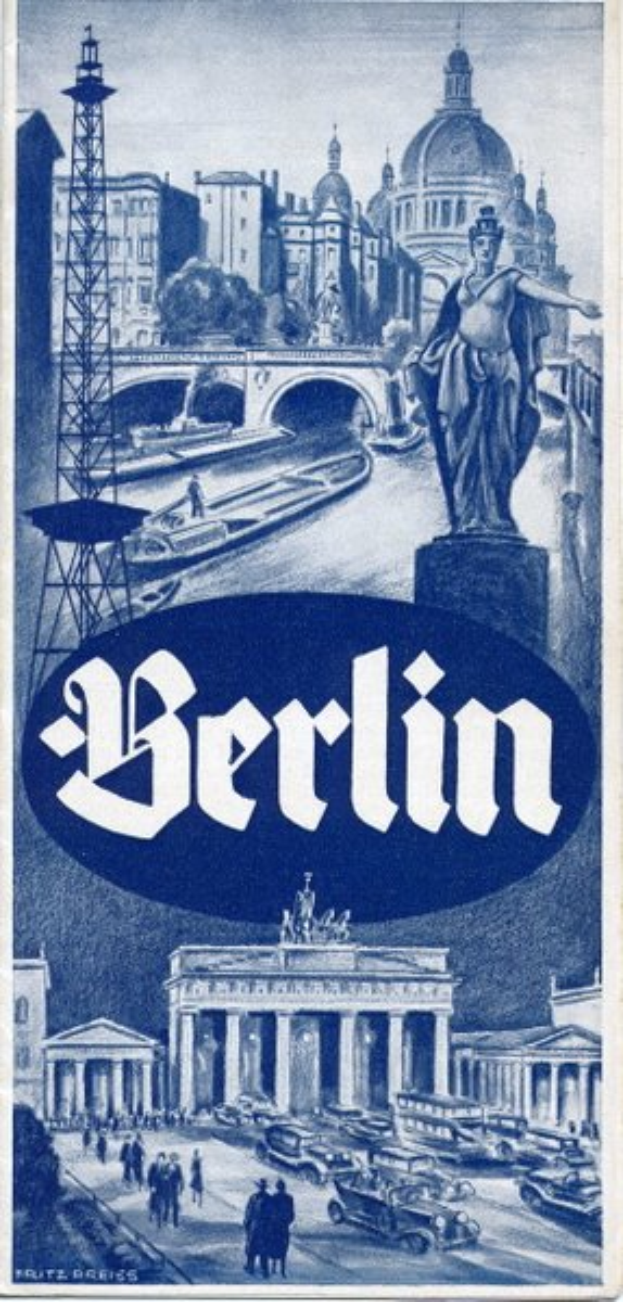Ein Plakat, das Berlin, Deutschland, bewirbt und eine Statue, Gebäude, einen Turm, Menschen, Fahrzeuge auf der Straße und eine Brücke zeigt, mit Text, der Informationen über die Stadt enthält.