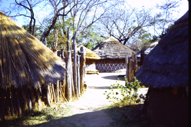 Eine Dorfszene mit Hütten, Bäumen und Gras unten und dem Himmel oben.